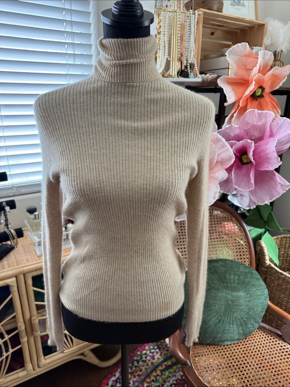 Manrico Camel Tan Ribbed Cashmere Turtleneck Sweater